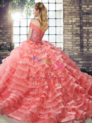 Glamorous Lilac Lace Up Off The Shoulder Beading and Ruffled Layers Sweet 16 Quinceanera Dress Organza Sleeveless Brush Train