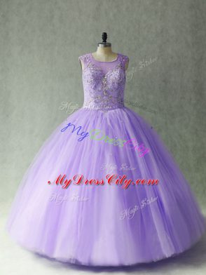 Glittering Lavender Ball Gown Prom Dress Sweet 16 and Quinceanera with Beading Scoop Sleeveless Lace Up