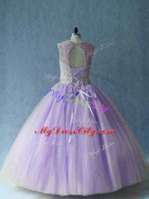 Glittering Lavender Ball Gown Prom Dress Sweet 16 and Quinceanera with Beading Scoop Sleeveless Lace Up