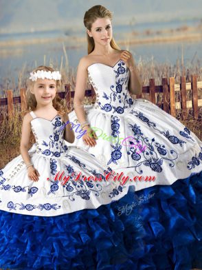 Luxurious Floor Length Blue And White 15th Birthday Dress Organza Sleeveless Embroidery and Ruffles