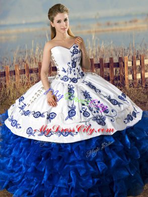 Luxurious Floor Length Blue And White 15th Birthday Dress Organza Sleeveless Embroidery and Ruffles