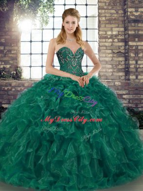 Gorgeous Green Ball Gowns Beading and Ruffles Sweet 16 Quinceanera Dress Lace Up Organza Sleeveless Floor Length