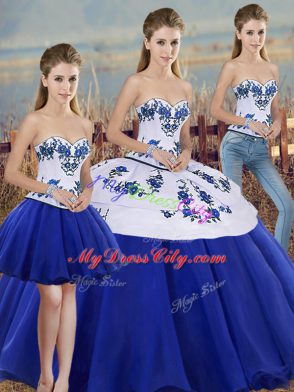 Super Sleeveless Tulle Floor Length Lace Up Ball Gown Prom Dress in Royal Blue with Embroidery and Bowknot