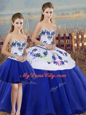 Super Sleeveless Tulle Floor Length Lace Up Ball Gown Prom Dress in Royal Blue with Embroidery and Bowknot