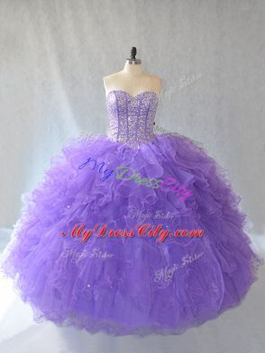 Lavender Sleeveless Beading and Ruffles and Sequins Floor Length Quinceanera Dresses