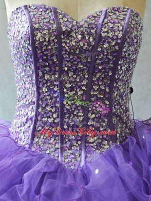 Lavender Sleeveless Beading and Ruffles and Sequins Floor Length Quinceanera Dresses