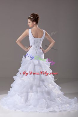 Sexy Ruffled Layers Wedding Gown White Lace Up Sleeveless Brush Train