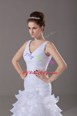 Sexy Ruffled Layers Wedding Gown White Lace Up Sleeveless Brush Train