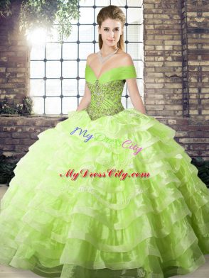 Chic Yellow Green Sweet 16 Dress Off The Shoulder Sleeveless Brush Train Lace Up