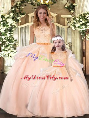 Flare Organza Scoop Sleeveless Zipper Lace Ball Gown Prom Dress in Peach