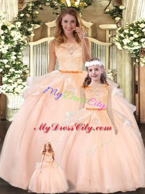 Flare Organza Scoop Sleeveless Zipper Lace Ball Gown Prom Dress in Peach