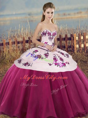 Fuchsia Sleeveless Tulle Lace Up Quinceanera Gowns for Military Ball and Sweet 16 and Quinceanera