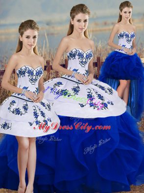 Clearance Royal Blue Ball Gowns Tulle Sweetheart Sleeveless Embroidery and Ruffles and Bowknot Floor Length Lace Up Sweet 16 Dress