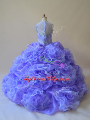 Cute Beading and Ruffles 15th Birthday Dress Lavender Zipper Sleeveless Brush Train