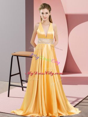 Brush Train Empire Prom Dress Gold V-neck Elastic Woven Satin Sleeveless Backless