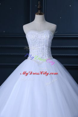 Sophisticated White Lace Up Wedding Gowns Beading and Lace Sleeveless Floor Length