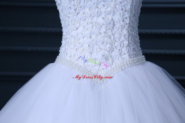 Sophisticated White Lace Up Wedding Gowns Beading and Lace Sleeveless Floor Length