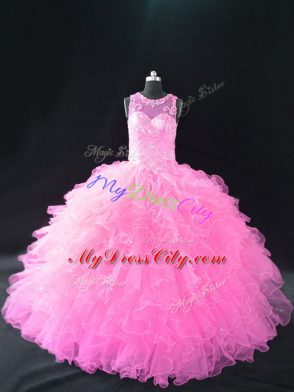 On Sale Baby Pink Organza Lace Up Sweet 16 Dress Sleeveless Beading and Ruffles