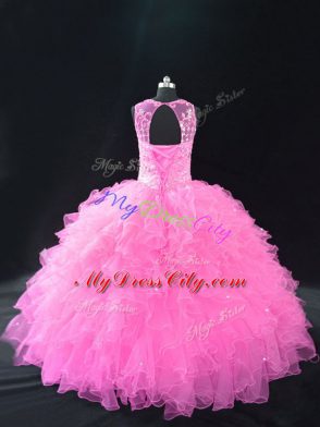 On Sale Baby Pink Organza Lace Up Sweet 16 Dress Sleeveless Beading and Ruffles