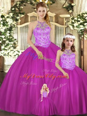 Fuchsia Tulle Lace Up Halter Top Sleeveless Floor Length Quinceanera Gowns Beading