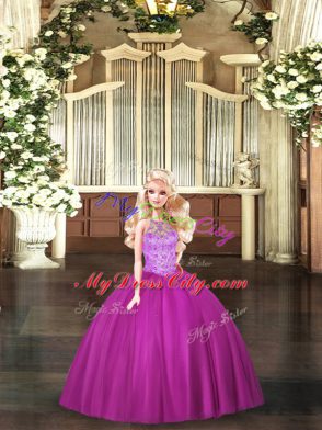 Fuchsia Tulle Lace Up Halter Top Sleeveless Floor Length Quinceanera Gowns Beading