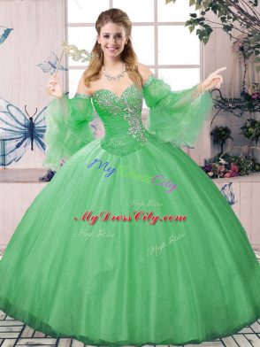 Green Ball Gowns Tulle Sweetheart Long Sleeves Beading Floor Length Lace Up 15th Birthday Dress