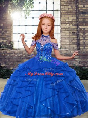 Excellent Floor Length Blue Girls Pageant Dresses Tulle Sleeveless Beading and Ruffles