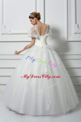 Charming White Short Sleeves Beading and Appliques Floor Length Bridal Gown