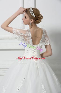 Charming White Short Sleeves Beading and Appliques Floor Length Bridal Gown