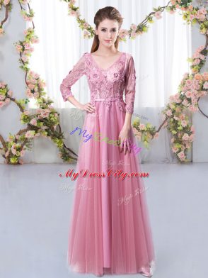 Top Selling Pink Lace Up V-neck Lace and Appliques Bridesmaid Dress Tulle 3 4 Length Sleeve