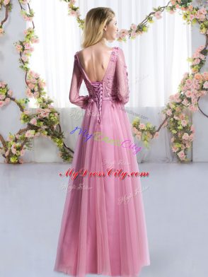 Top Selling Pink Lace Up V-neck Lace and Appliques Bridesmaid Dress Tulle 3 4 Length Sleeve