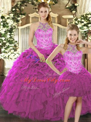 Lovely Fuchsia Halter Top Neckline Beading and Ruffles Quinceanera Gown Sleeveless Lace Up