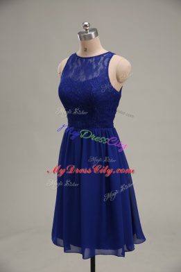 Scoop Sleeveless Prom Dresses Knee Length Lace Royal Blue Chiffon