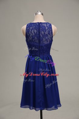 Scoop Sleeveless Prom Dresses Knee Length Lace Royal Blue Chiffon