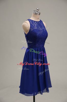 Scoop Sleeveless Prom Dresses Knee Length Lace Royal Blue Chiffon