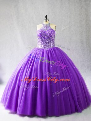 Modest Purple Ball Gowns Halter Top Sleeveless Tulle Floor Length Lace Up Beading Vestidos de Quinceanera