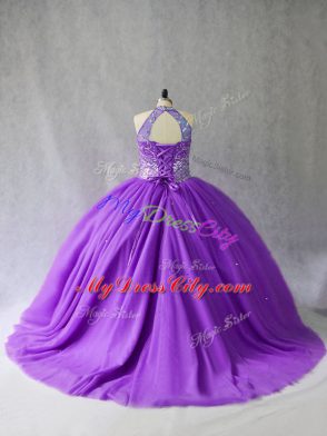 Modest Purple Ball Gowns Halter Top Sleeveless Tulle Floor Length Lace Up Beading Vestidos de Quinceanera