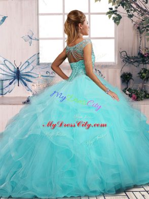 Off The Shoulder Sleeveless Tulle 15th Birthday Dress Beading and Ruffles Lace Up