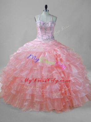 Custom Made Pink Ball Gowns Beading and Ruffled Layers Sweet 16 Dresses Lace Up Organza Sleeveless Floor Length