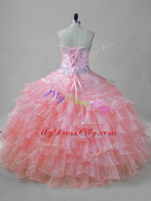 Custom Made Pink Ball Gowns Beading and Ruffled Layers Sweet 16 Dresses Lace Up Organza Sleeveless Floor Length