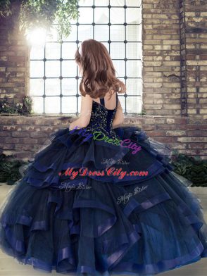 Elegant Peacock Green Ball Gowns Beading and Ruffles Girls Pageant Dresses Lace Up Tulle Sleeveless Floor Length