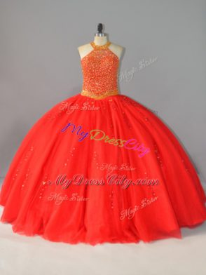 Extravagant Sleeveless Tulle Floor Length Lace Up Quince Ball Gowns in Red with Beading