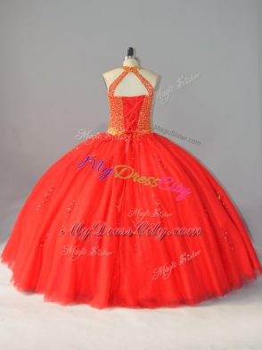 Extravagant Sleeveless Tulle Floor Length Lace Up Quince Ball Gowns in Red with Beading