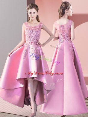 Inexpensive Baby Pink Satin Zipper Wedding Party Dress Sleeveless High Low Lace