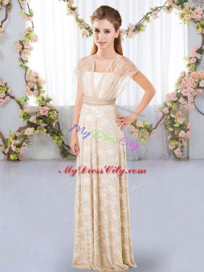 Champagne Short Sleeves Floor Length Lace Side Zipper Bridesmaid Dresses