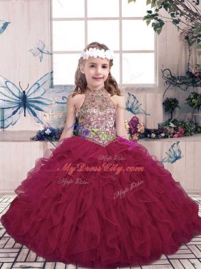 Elegant Ball Gowns Little Girls Pageant Dress Fuchsia High-neck Tulle Sleeveless Floor Length Lace Up