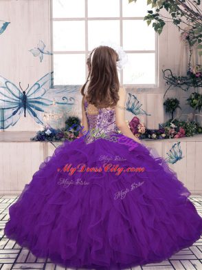 Elegant Ball Gowns Little Girls Pageant Dress Fuchsia High-neck Tulle Sleeveless Floor Length Lace Up