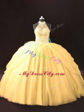 Delicate Beading and Pick Ups Vestidos de Quinceanera Gold Lace Up Sleeveless Floor Length