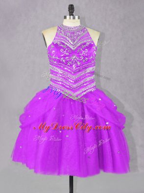 Fuchsia Ball Gowns Halter Top Sleeveless Tulle Mini Length Lace Up Beading Prom Party Dress