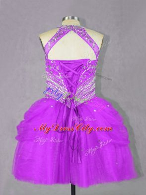 Fuchsia Ball Gowns Halter Top Sleeveless Tulle Mini Length Lace Up Beading Prom Party Dress